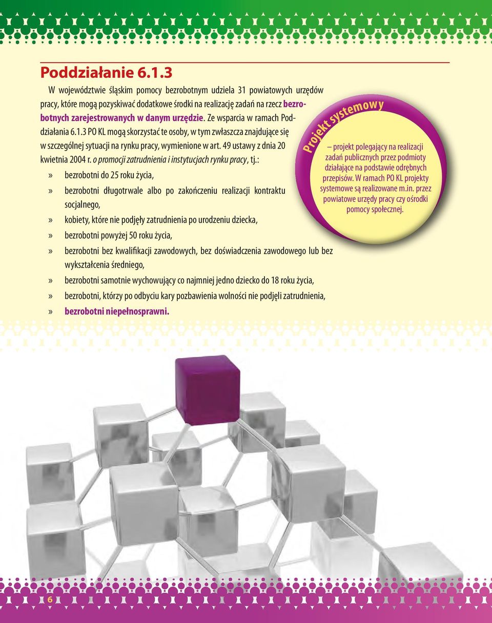 Ze wsparcia w ramach Poddziałania 6.1.3 PO KL mogą skorzystać te osoby, w tym zwłaszcza znajdujące się w szczególnej sytuacji na rynku pracy, wymienione w art. 49 ustawy z dnia 20 kwietnia 2004 r.