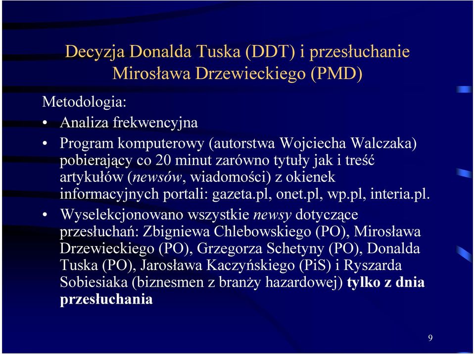 pl, onet.pl, wp.pl, interia.pl. Wyselekcjonowano wszystkie newsy dotyczące przesłuchań: Zbigniewa Chlebowskiego (PO), Mirosława Drzewieckiego