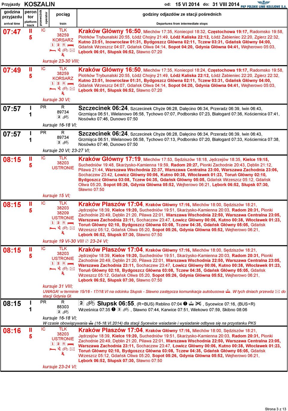 intermediate stps Kraków Główny 6:0, Miechów 7:, Kniecpl 8:2, Częstchwa 9:7, admsk 9:8, Pitrków Trybunalski 20:, Łódź Chjny 2:49, Łódź Kaliska 22:2, Łódź Żabieniec 22:20, Zgierz 22:2, Kutn 2:,