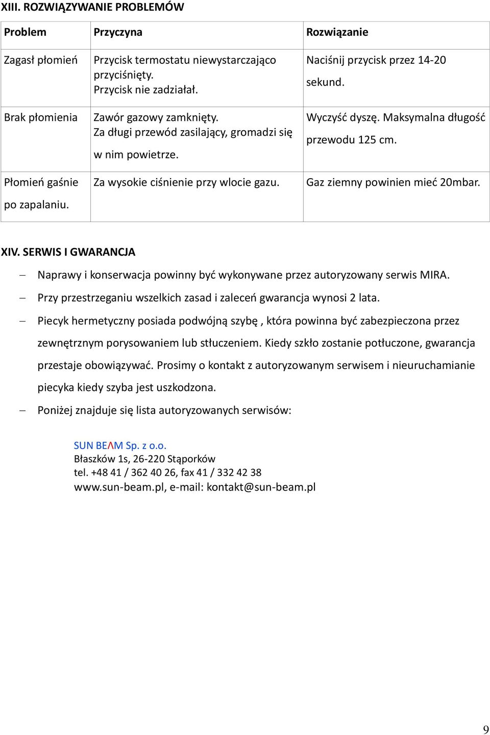 Maksymalna długość przewodu 125 cm. Gaz ziemny powinien mieć 20mbar. XIV. SERWIS I GWARANCJA Naprawy i konserwacja powinny być wykonywane przez autoryzowany serwis MIRA.