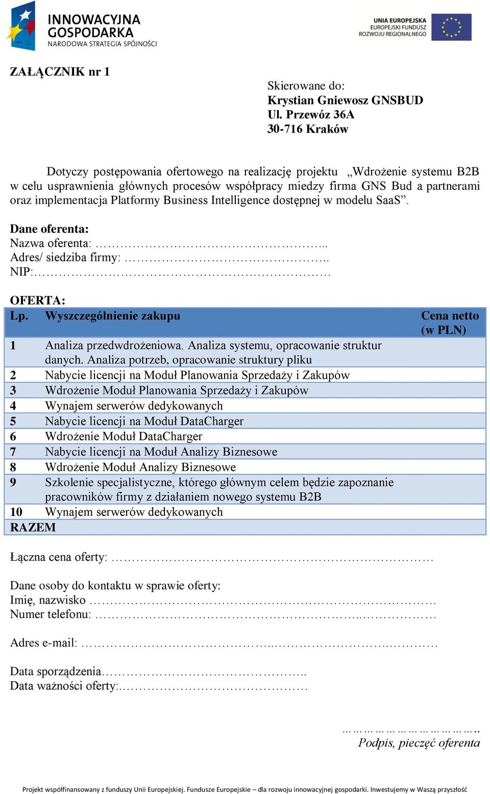 implementacja Platformy Business Intelligence dostępnej w modelu SaaS. Dane oferenta: Nazwa oferenta:... Adres/ siedziba firmy:.. NIP: OFERTA: Lp.