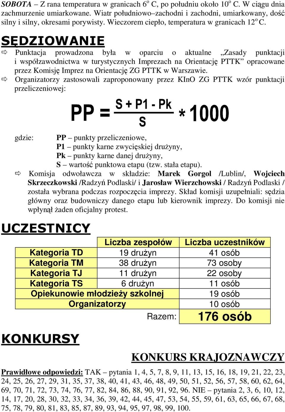 Punktacja prowadzona była w oparciu o aktualne Zasady punktacji i współzawodnictwa w turystycznych Imprezach na Orientacj PTTK opracowane przez Komisj Imprez na Orientacj ZG PTTK w Warszawie.
