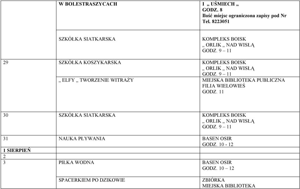 WITRAŻY MIEJSKA BIBLIOTEKA PUBLICZNA FILIA WIELOWIEŚ 30 SZKÓŁKA SIATKARSKA KOMPLEKS BOISK 31