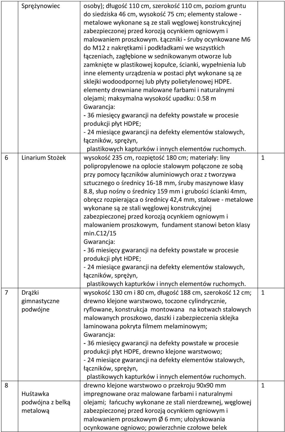 Łączniki - śruby ocynkowane M6 do M2 z nakrętkami i podkładkami we wszystkich łączeniach, zagłębione w sednikowanym otworze lub zamknięte w plastikowej kopułce, ścianki, wypełnienia lub inne elementy