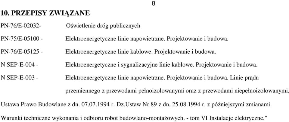 Projektowanie i budowa. Linie prądu przemiennego z przewodami pełnoizolowanymi oraz z przewodami niepełnoizolowanymi. Ustawa Prawo Budowlane z dn. 07.07.1994 r. Dz.