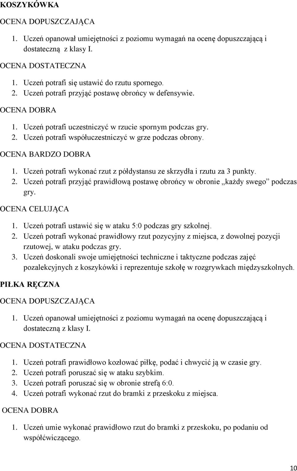 2. Uczeń potrafi przyjąć prawidłową postawę obrońcy w obronie każdy swego podczas gry. 1. Uczeń potrafi ustawić się w ataku 5:0 podczas gry szkolnej. 2.