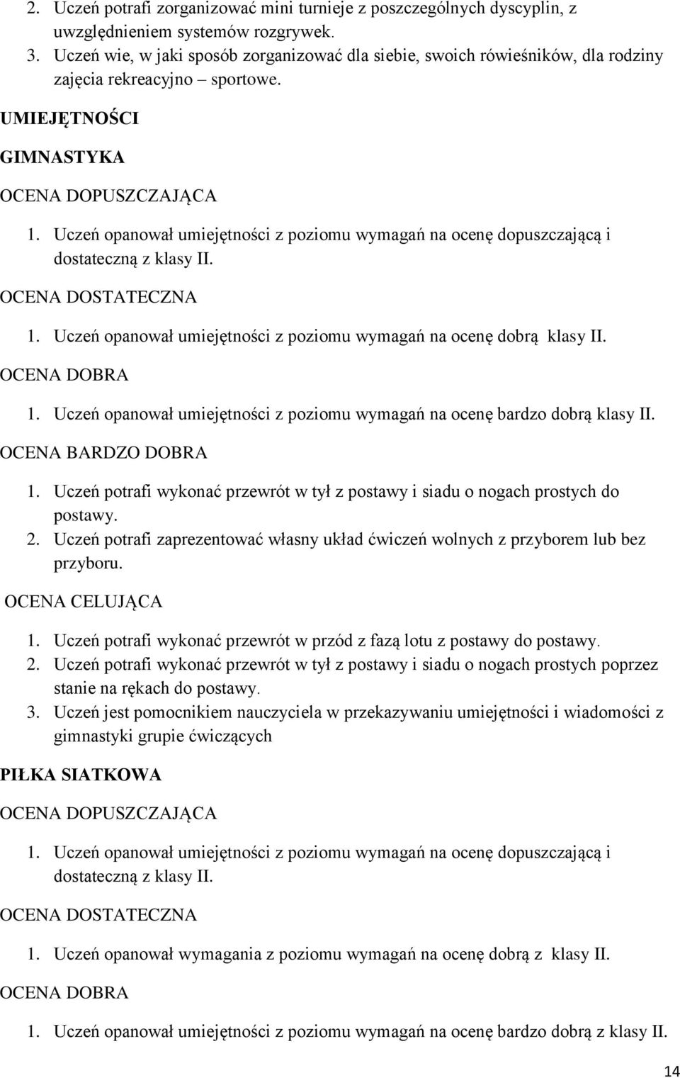 Uczeń opanował umiejętności z poziomu wymagań na ocenę dopuszczającą i dostateczną z klasy II. 1. Uczeń opanował umiejętności z poziomu wymagań na ocenę dobrą klasy II. 1. Uczeń opanował umiejętności z poziomu wymagań na ocenę bardzo dobrą klasy II.