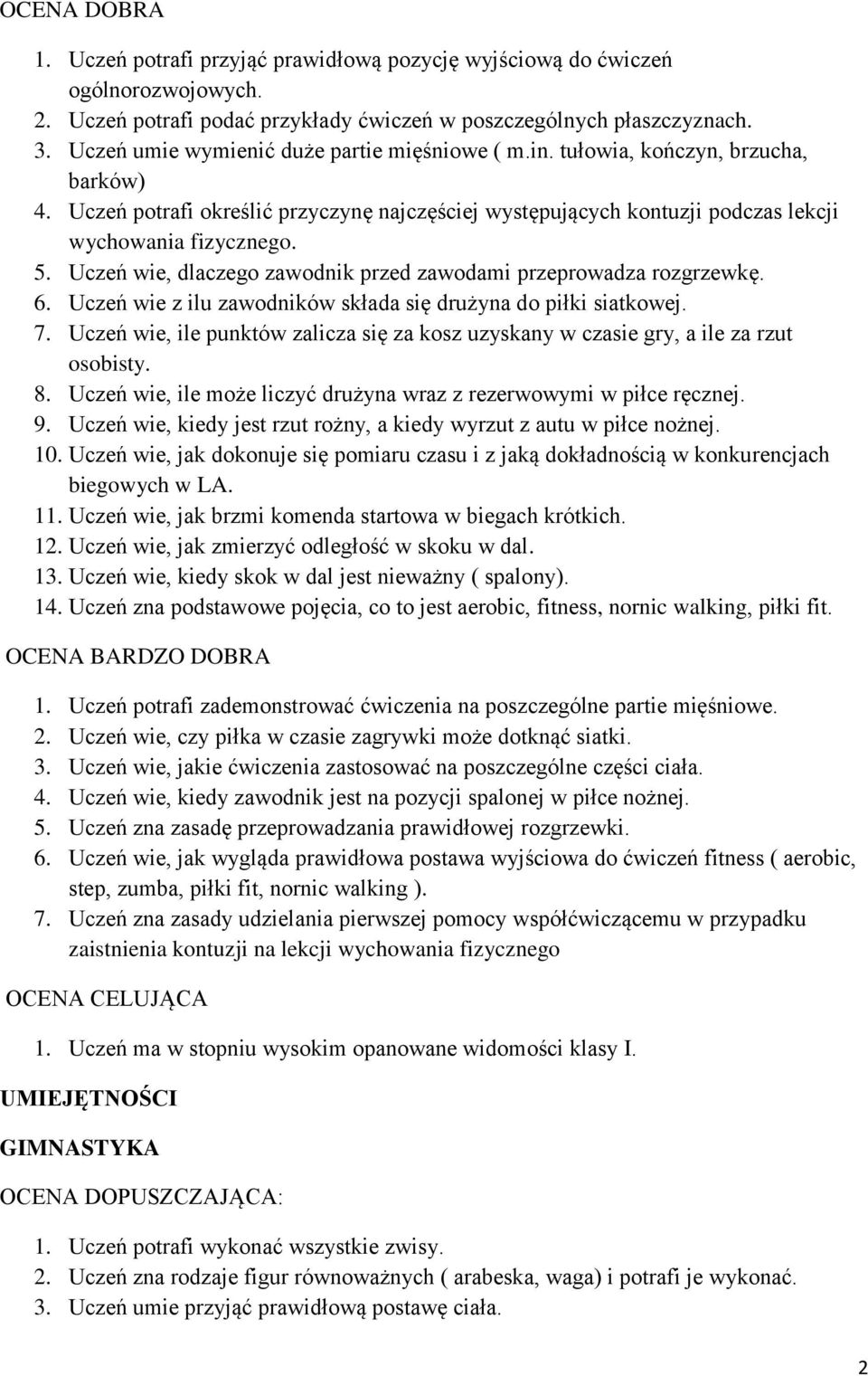 Uczeń wie, dlaczego zawodnik przed zawodami przeprowadza rozgrzewkę. 6. Uczeń wie z ilu zawodników składa się drużyna do piłki siatkowej. 7.