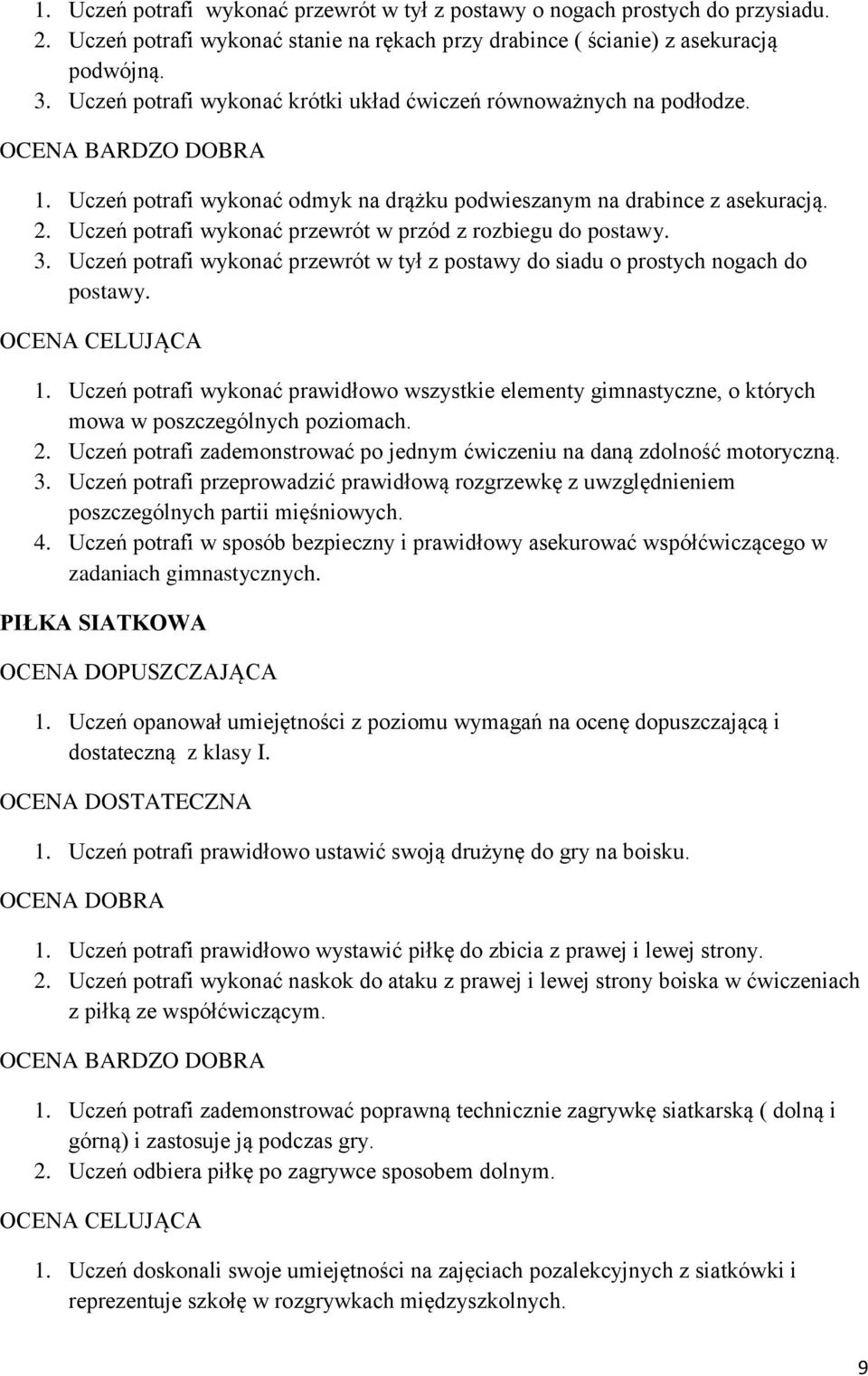 Uczeń potrafi wykonać przewrót w przód z rozbiegu do postawy. 3. Uczeń potrafi wykonać przewrót w tył z postawy do siadu o prostych nogach do postawy. 1.
