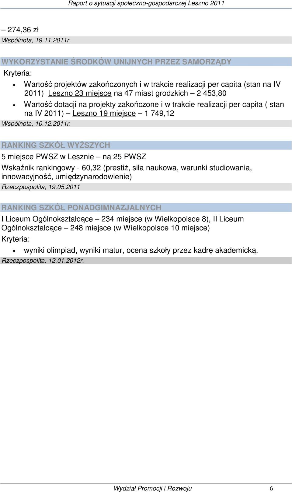 dotacji na projekty zakończone i w trakcie realizacji per capita ( stan na IV 2011) Leszno 19 miejsce 1 749,12 Wspólnota, 10.12.2011r.