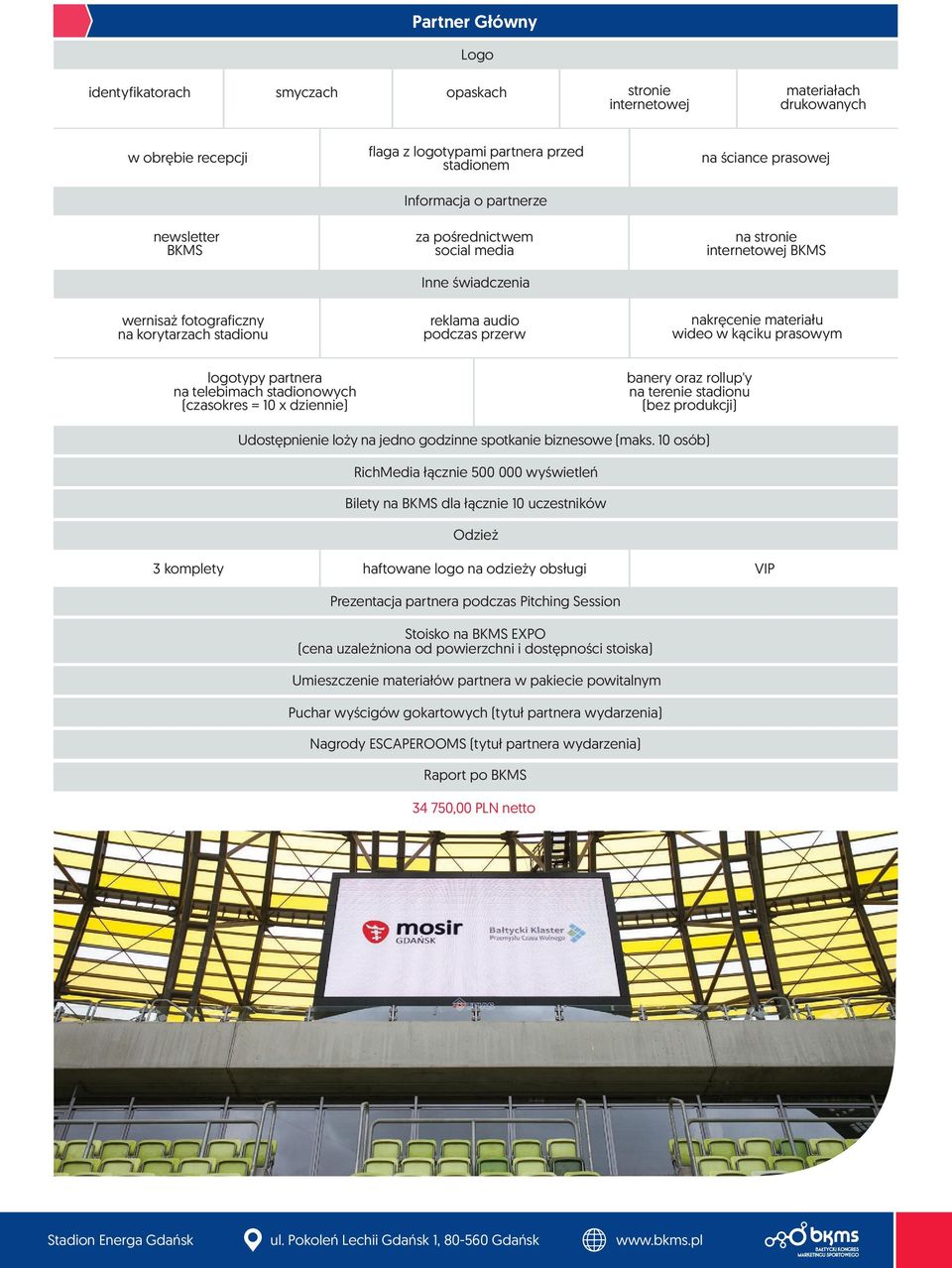 materiału wideo w kąciku prasowym logotypy partnera na telebimach stadionowych (czasokres = 10 x dziennie) banery oraz rollup'y na terenie stadionu (bez produkcji) Udostępnienie loży na jedno