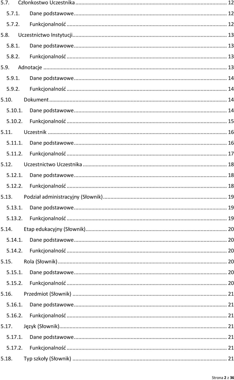 12. Uczestnictwo Uczestnika... 18 5.12.1. Dane podstawowe... 18 5.12.2. Funkcjonalność... 18 5.13. Podział administracyjny (Słownik)... 19 5.13.1. Dane podstawowe... 19 5.13.2. Funkcjonalność... 19 5.14.
