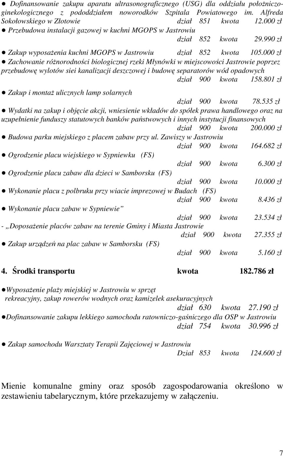 000 zł Zachowanie różnorodności biologicznej rzeki Młynówki w miejscowości Jastrowie poprzez przebudowę wylotów siei kanalizacji deszczowej i budowę separatorów wód opadowych dział 900 kwota 158.