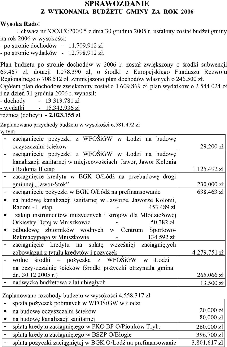 390 zł, o środki z Europejskiego Funduszu Rozwoju Regionalnego o 708.512 zł. Zmniejszono plan dochodów własnych o 246.500 zł. Ogółem plan dochodów zwiększony został o 1.609.869 zł, plan wydatków o 2.