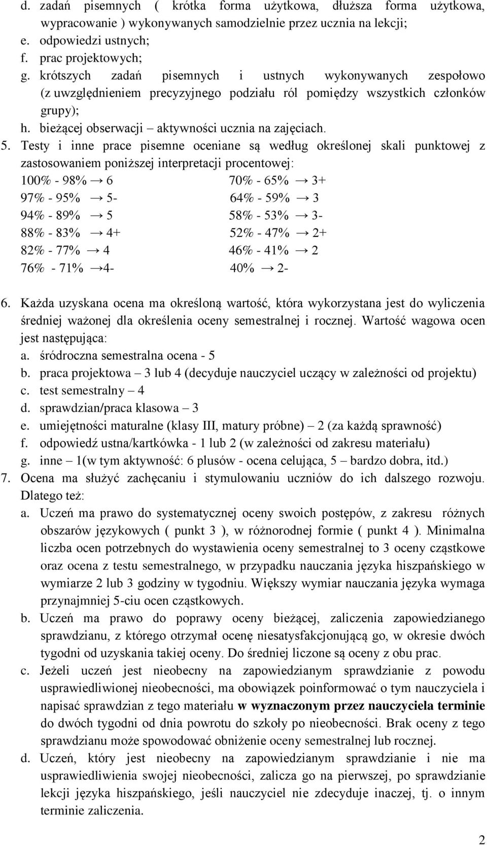 Testy i inne prace pisemne oceniane są według określonej skali punktowej z zastosowaniem poniższej interpretacji procentowej: 100% - 98% 6 70% - 65% 3+ 97% - 95% 5-64% - 59% 3 94% - 89% 5 58% - 53%