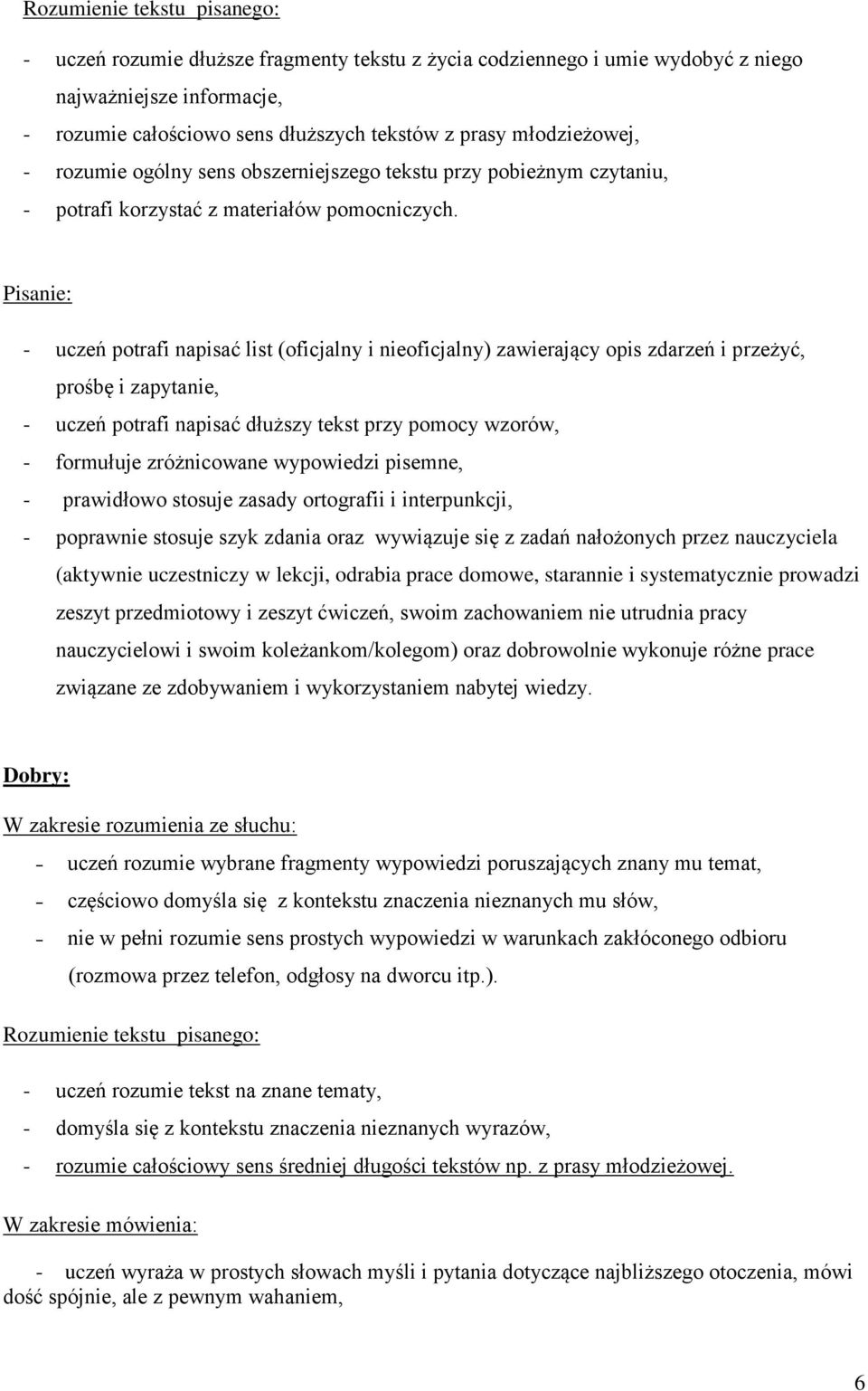 Pisanie: - uczeń potrafi napisać list (oficjalny i nieoficjalny) zawierający opis zdarzeń i przeżyć, prośbę i zapytanie, - uczeń potrafi napisać dłuższy tekst przy pomocy wzorów, - formułuje