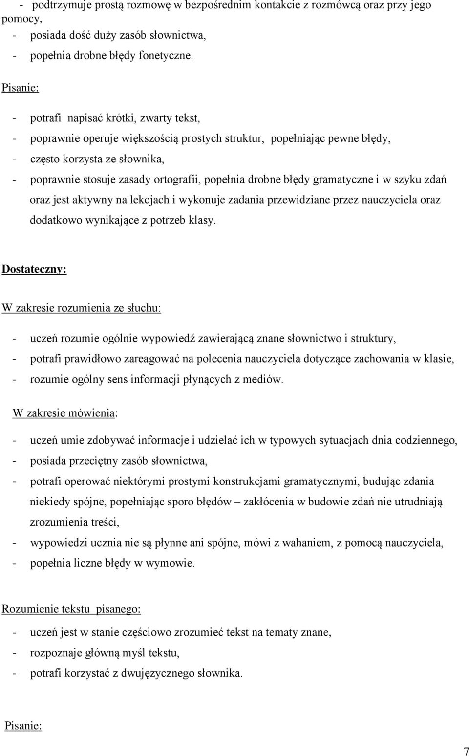 popełnia drobne błędy gramatyczne i w szyku zdań oraz jest aktywny na lekcjach i wykonuje zadania przewidziane przez nauczyciela oraz dodatkowo wynikające z potrzeb klasy.