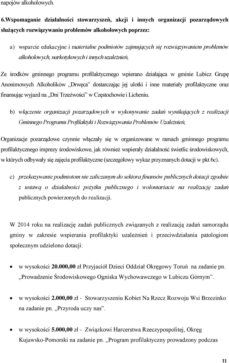 rozwiązywaniem problemów alkoholowych, narkotykowych i innych uzależnień, Ze środków gminnego programu profilaktycznego wpierano działająca w gminie Lubicz Grupę Anonimowych Alkoholików Drwęca