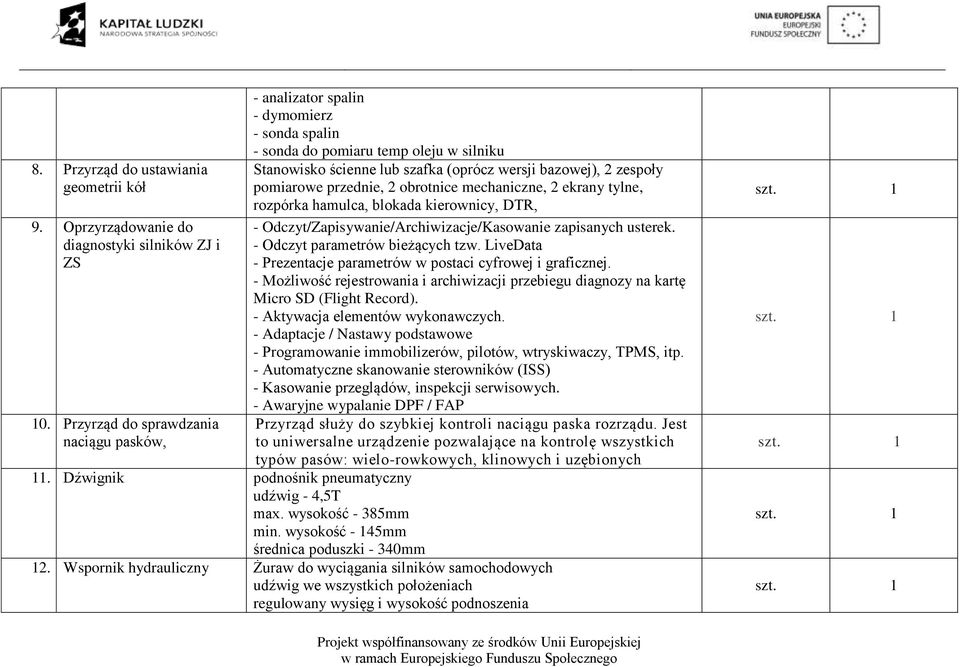 wysokość - 145mm średnica poduszki - 340mm - analizator spalin - dymomierz - sonda spalin - sonda do pomiaru temp oleju w silniku Stanowisko ścienne lub szafka (oprócz wersji bazowej), 2 zespoły