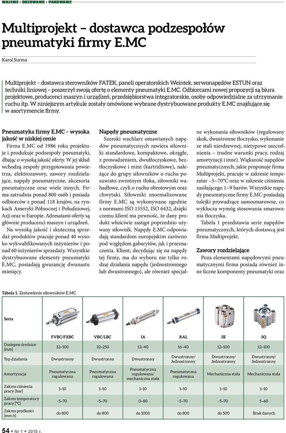 W niniejszym artykule zostały omówione wybrane dystrybuowane produkty E.MC znajdujące się w asortymencie firmy. Pneumatyka firmy E.MC wysoka jakość w niskiej cenie Firma E.