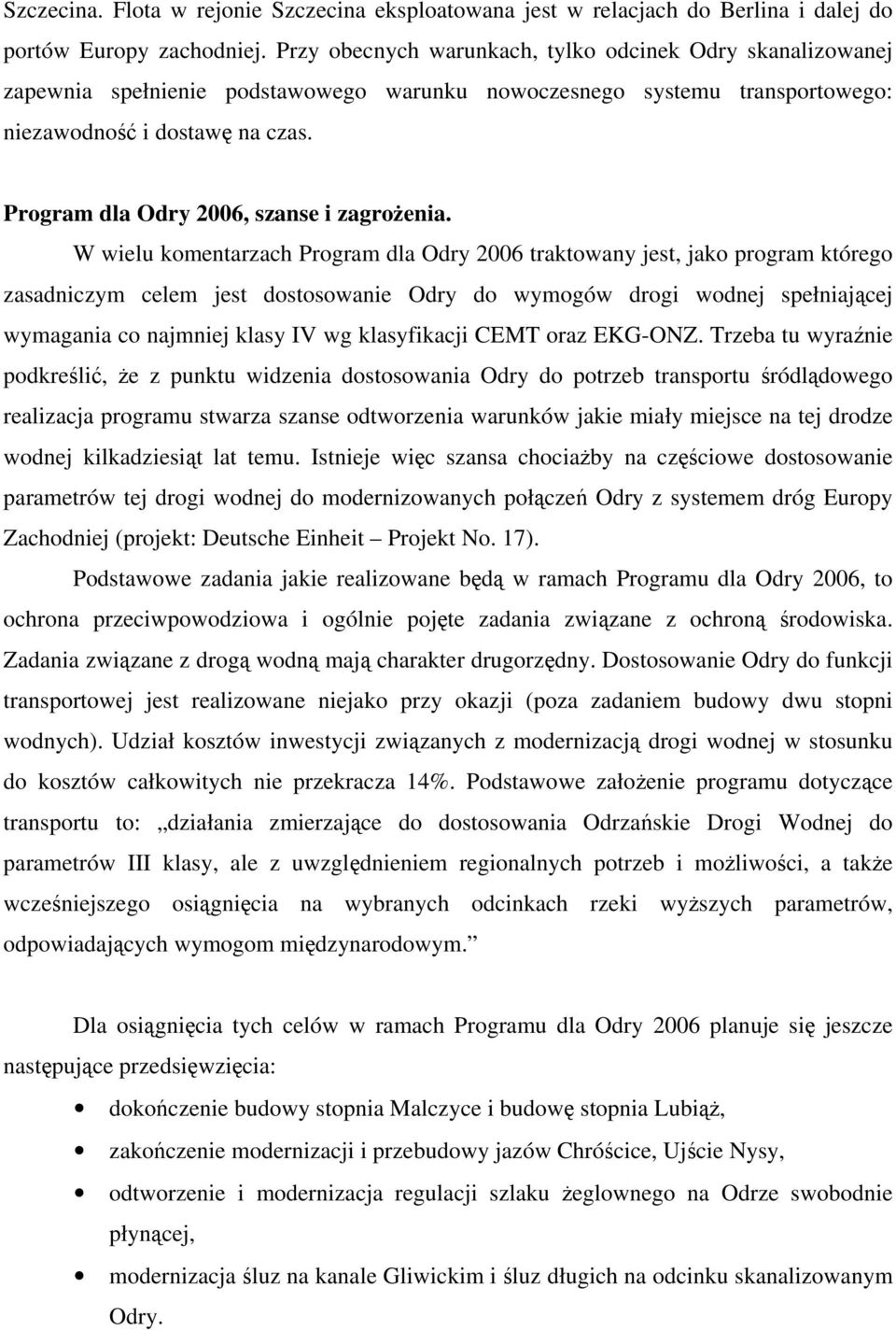 Program dla Odry 2006, szanse i zagrożenia.
