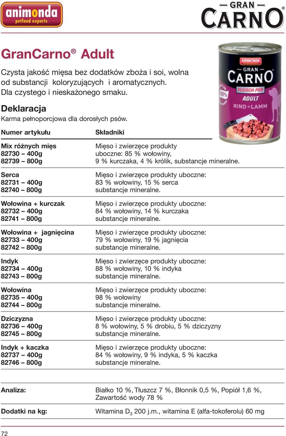 Serca Mięso i zwierzęce produkty uboczne: 82731 400g 83 % wołowiny, 15 % serca 82740 800g substancje mineralne.