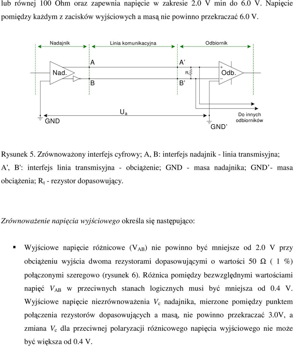 ZrównowaŜony interfejs cyfrowy; A, B: interfejs nadajnik - linia transmisyjna; A', B': interfejs linia transmisyjna - obciąŝenie; GND - masa nadajnika; GND - masa obciąŝenia; R t - rezystor