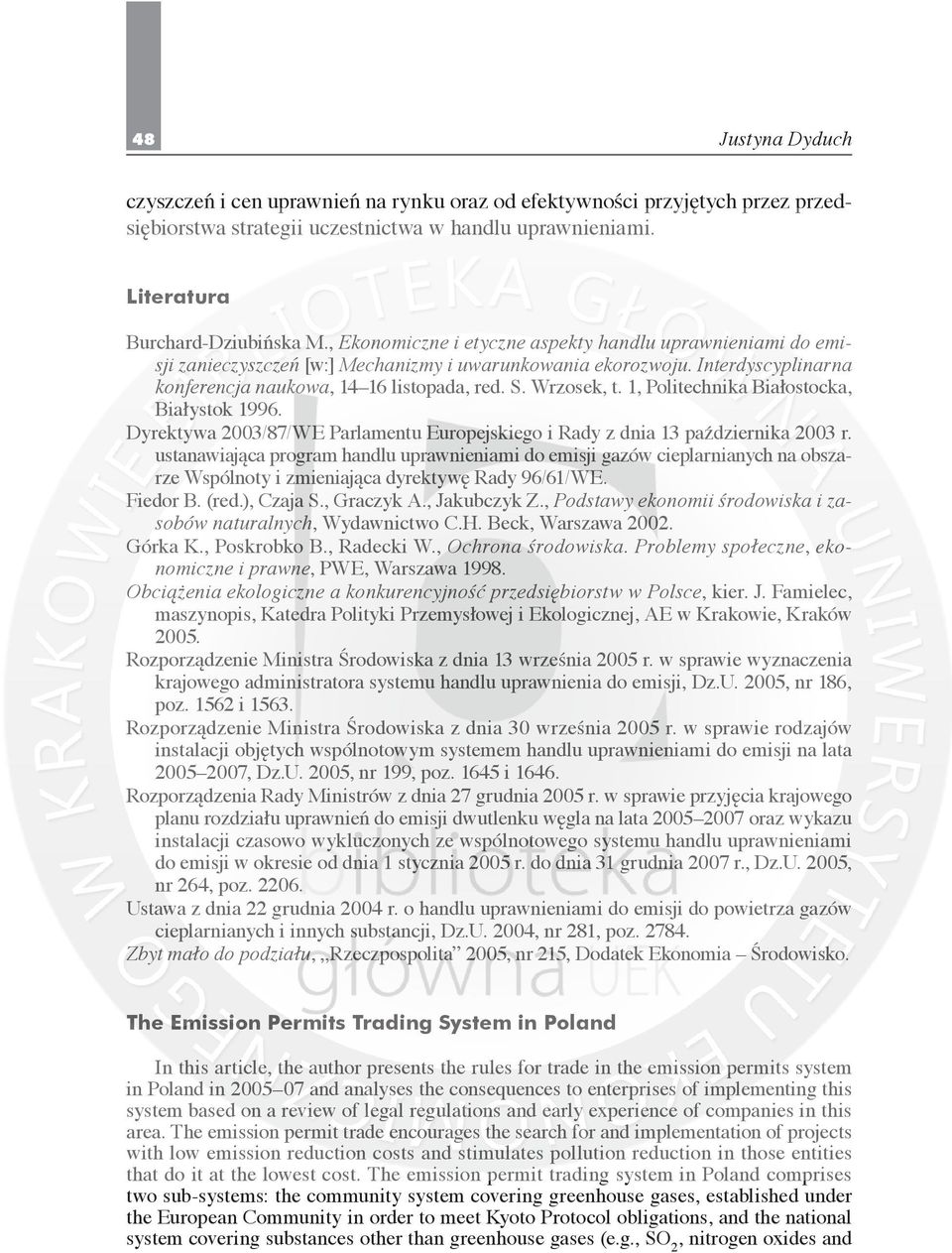 1, Politechnika Białostocka, Białystok 1996. Dyrektywa 2003/87/WE Parlamentu Europejskiego i Rady z dnia 13 października 2003 r.