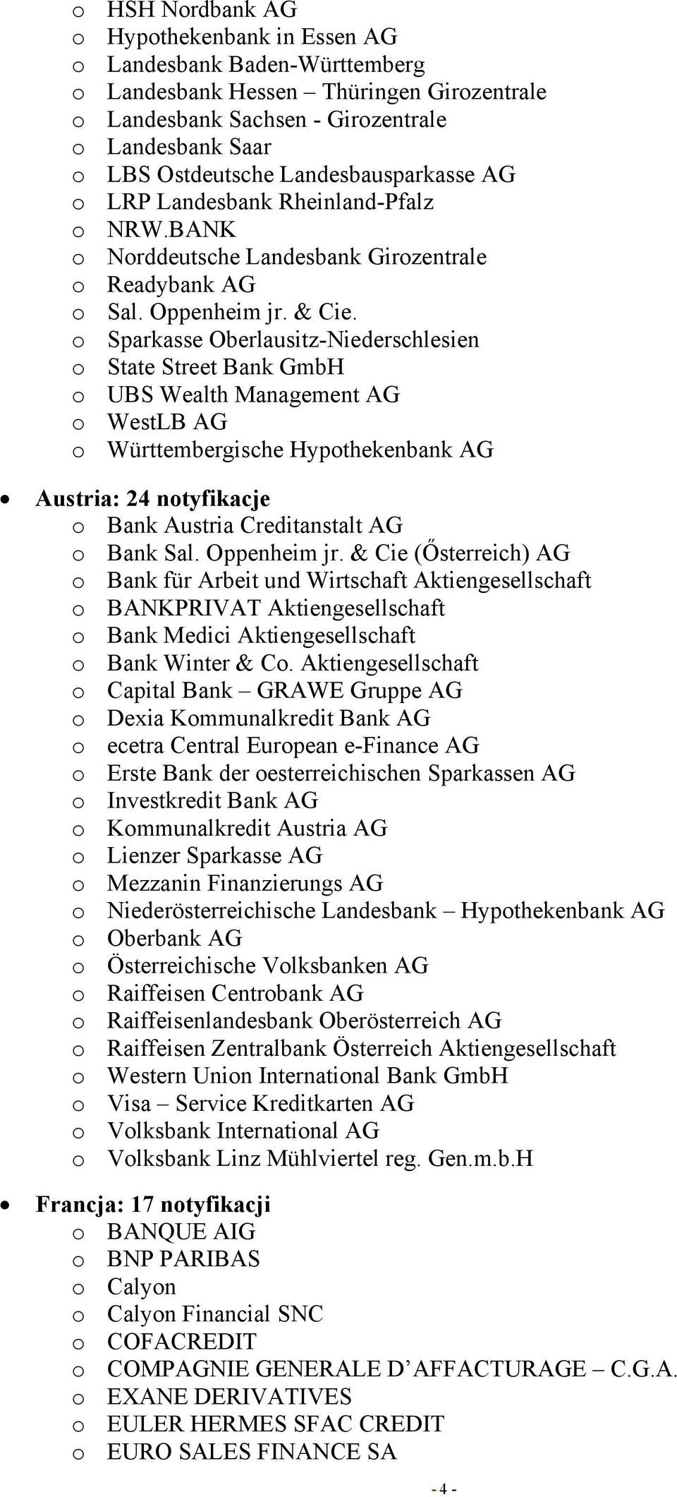 o Sparkasse Oberlausitz-Niederschlesien o State Street Bank GmbH o UBS Wealth Management AG o WestLB AG o Württembergische Hypothekenbank AG Austria: 24 notyfikacje o Bank Austria Creditanstalt AG o