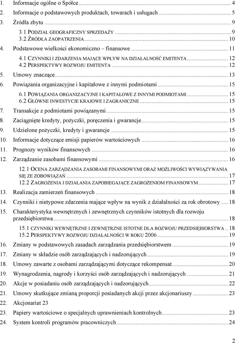 Powiązania organizacyjne i kapitałowe z innymi podmiotami... 15 6.1 POWIĄZANIA ORGANIZACYJNE I KAPITAŁOWE Z INNYMI PODMIOTAMI... 15 6.2 GŁÓWNE INWESTYCJE KRAJOWE I ZAGRANICZNE... 15 7.