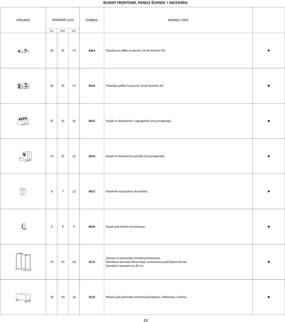 23 25 24 XB16 Stojak na dokumenty pochy³y (trzy przegrody). 8 7 12 XB17 Pojemnik na przybory do pisania. 6 9 9 XB Stojak pod telefon komórkowy.