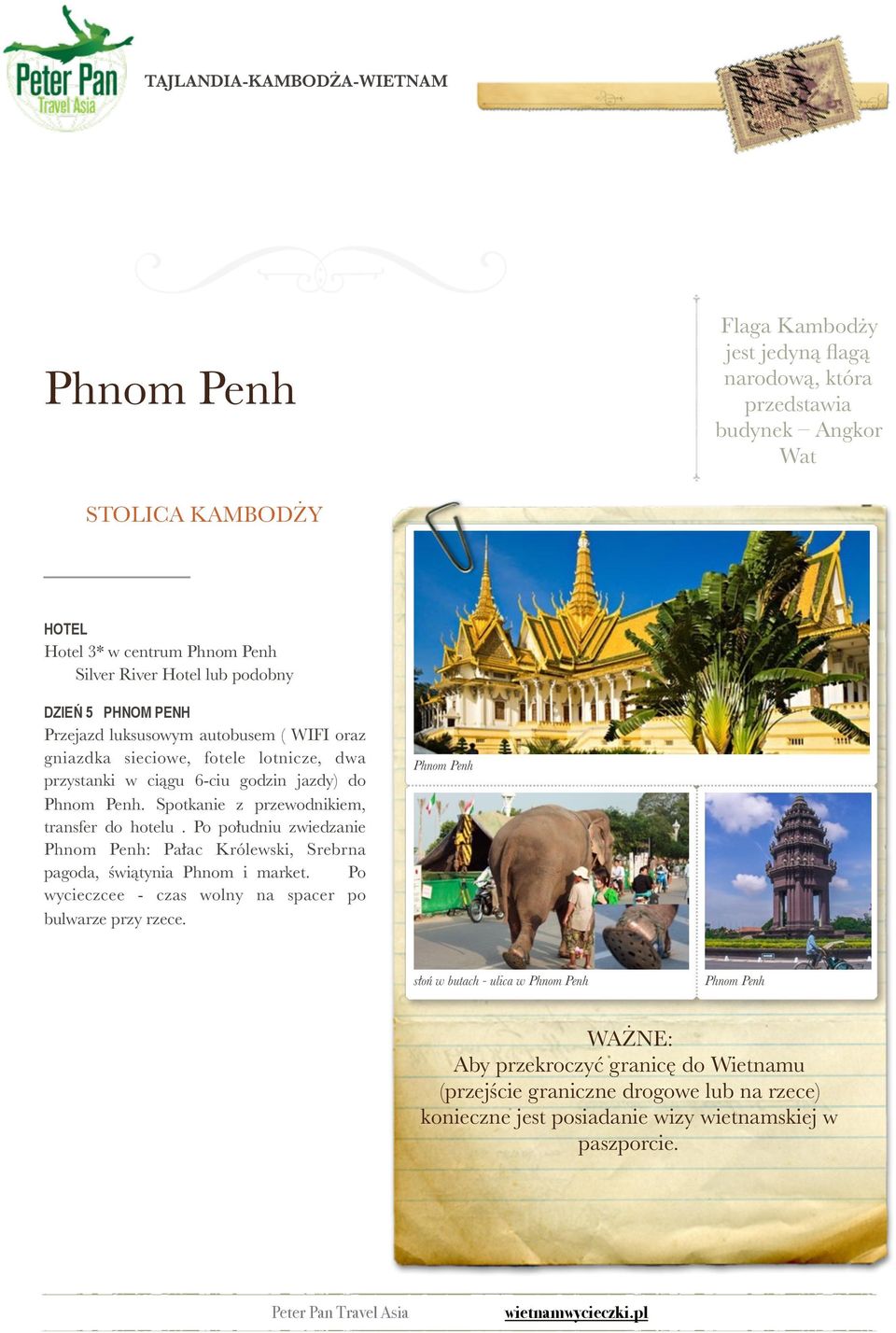 Spotkanie z przewodnikiem, transfer do hotelu. Po południu zwiedzanie Phnom Penh: Pałac Królewski, Srebrna pagoda, świątynia Phnom i market.