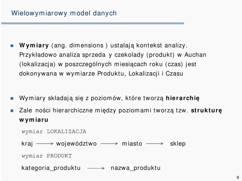 dokonywana w wymiarze Produktu, Lokalizacji i Czasu Wymiary składają się z poziomów, które tworzą hierarchię Zależności