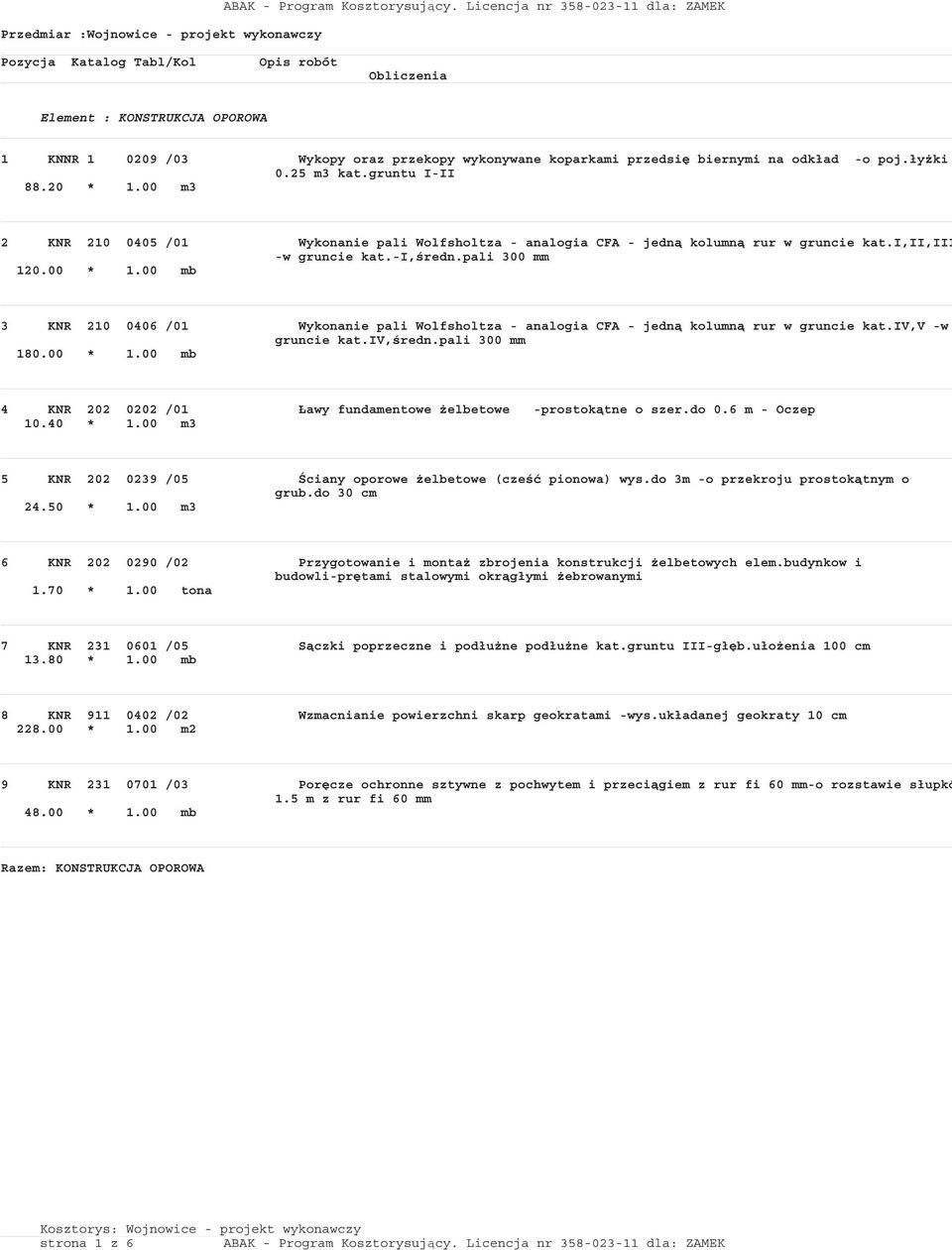 00 mb 3 KNR 210 0406 /01 Wykonanie pali Wolfsholtza - analogia CFA - jedn kolumn rur w gruncie kat.iv,v -w gruncie kat.iv,redn.pali 300 mm 180.00 * 1.
