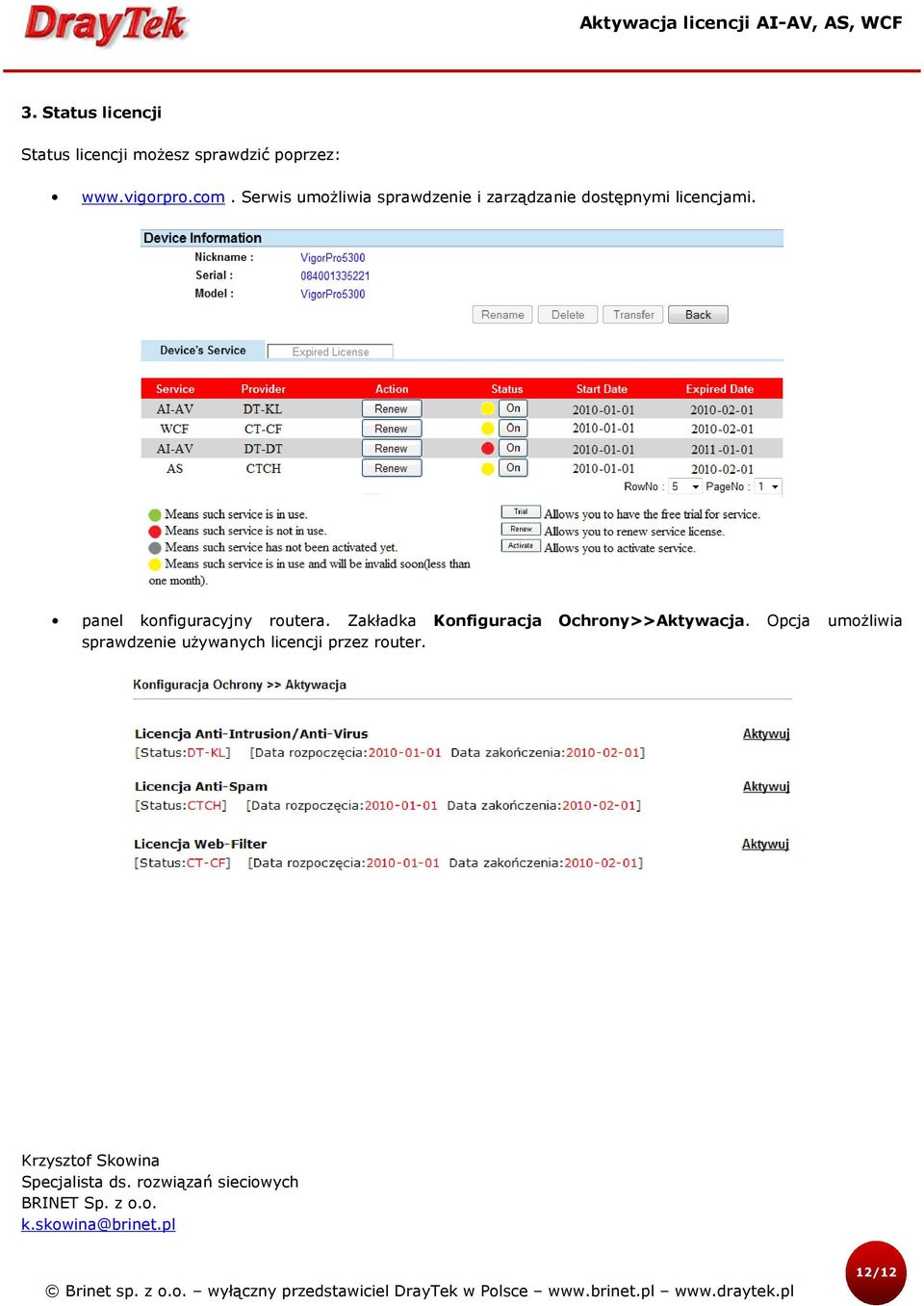 panel konfiguracyjny routera. Zakładka Konfiguracja Ochrony>>Aktywacja.