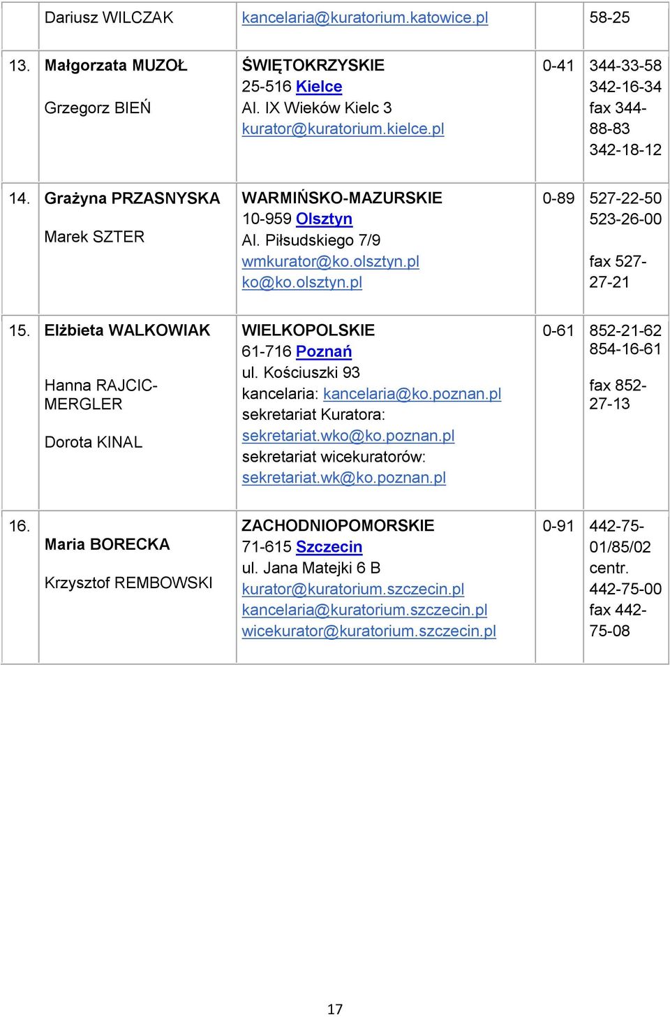 pl ko@ko.olsztyn.pl 0-89 527-22-50 523-26-00 fax 527-27-21 15. Elżbieta WALKOWIAK Hanna RAJCIC- MERGLER Dorota KINAL WIELKOPOLSKIE 61-716 Poznań ul. Kościuszki 93 kancelaria: kancelaria@ko.poznan.
