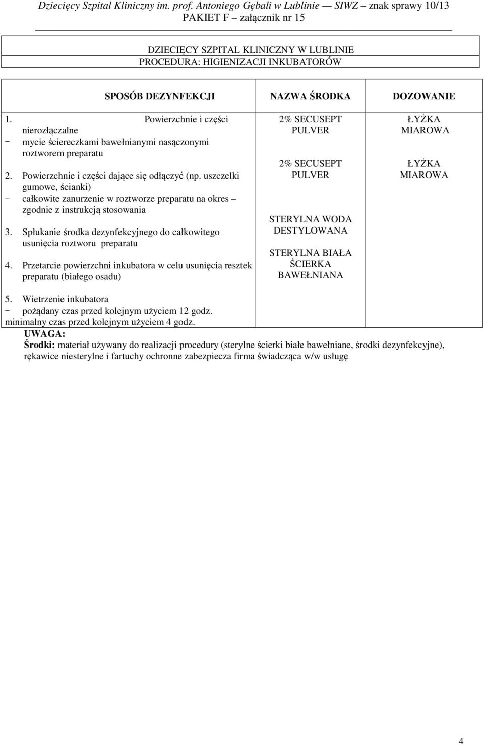 uszczelki gumowe, ścianki) - całkowite zanurzenie w roztworze preparatu na okres zgodnie z instrukcją stosowania 3. Spłukanie środka dezynfekcyjnego do całkowitego usunięcia roztworu preparatu 4.