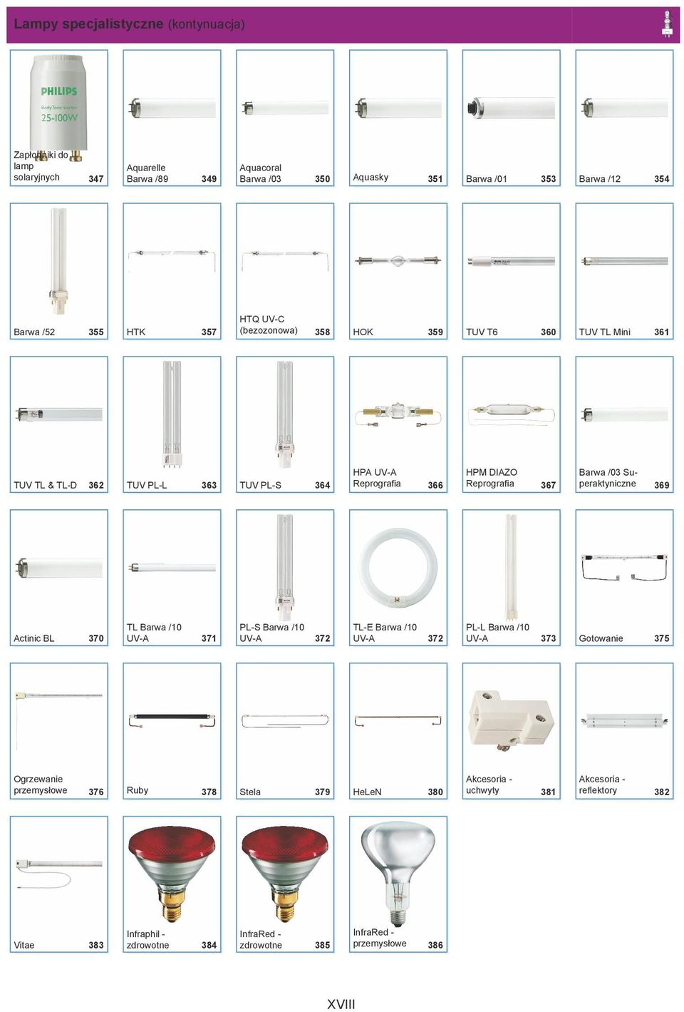 Reprografia 366 Reprografia 367 369 TL Barwa /10 PL-S Barwa /10 TL-E Barwa /10 PL-L Barwa /10 Actinic BL 370 UV-A 371 UV-A 372 UV-A 372 UV-A 373 Gotowanie 375 Ogrzewanie