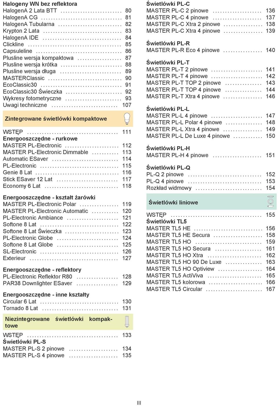 .. 107 Zintegrowane świetlówki kompaktowe WSTĘP... 111 Energooszczędne - rurkowe MASTER PL-Electronic... 112 MASTER PL-Electronic immable... 113 AutomaticESaver... 114 PL-Electronic... 115 Genie8Lat.