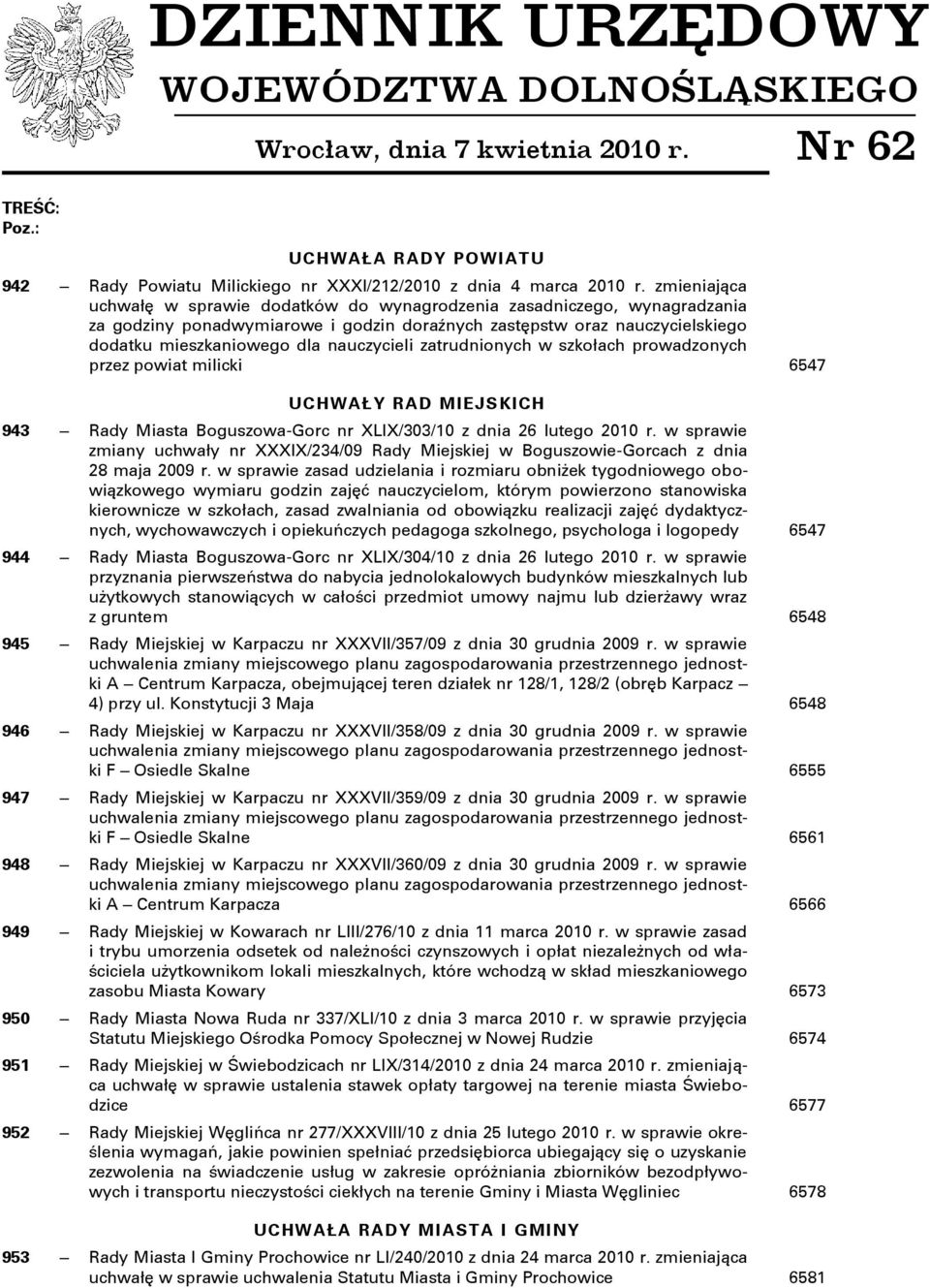 zatrudnionych w szkołach prowadzonych przez powiat milicki 6547 UCHWAŁY RAD MIEJSKICH 943 Rady Miasta Boguszowa-Gorc nr XLIX/303/10 z dnia 26 lutego 2010 r.