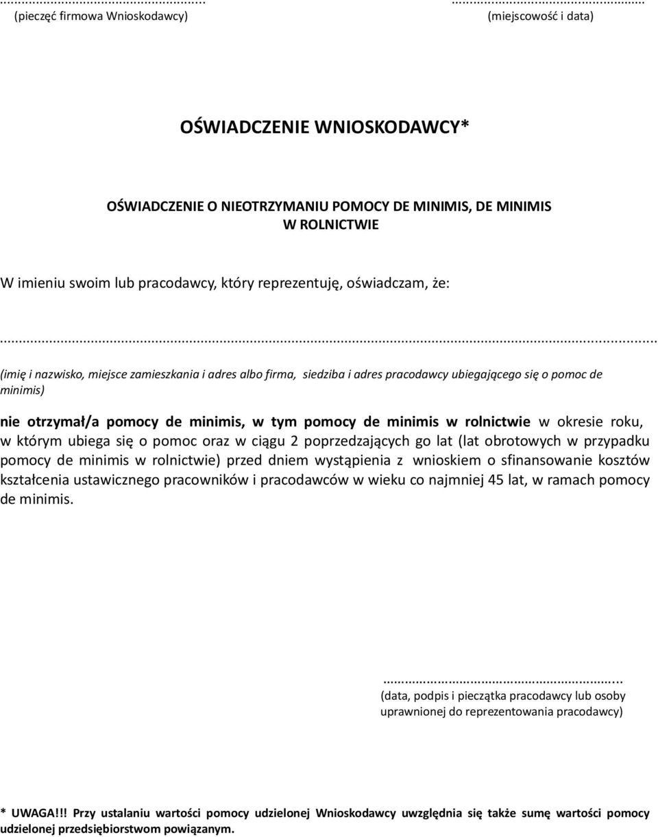 .. (imię i nazwisko, miejsce zamieszkania i adres albo firma, siedziba i adres pracodawcy ubiegającego się o pomoc de minimis) otrzymał/a pomocy de minimis, w tym pomocy de minimis w rolnictwie w