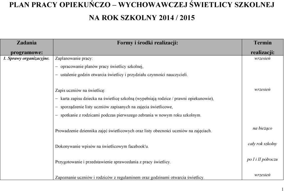 Termin realizacji: wrzesień Zapis uczniów na świetlicę: karta zapisu dziecka na świetlicę szkolną (wypełniają rodzice / prawni opiekunowie), sporządzenie listy uczniów zapisanych na zajęcia