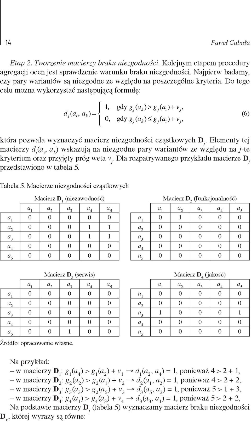 Do tego celu można wykorzystać następującą formułę: d j (a i, a k ) = 1, gdy g j (a k ) > g j (a i ) + v j, 0, gdy g j (a k ) g j (a i ) + v j, (6) która pozwala wyznaczyć macierz niezgodności