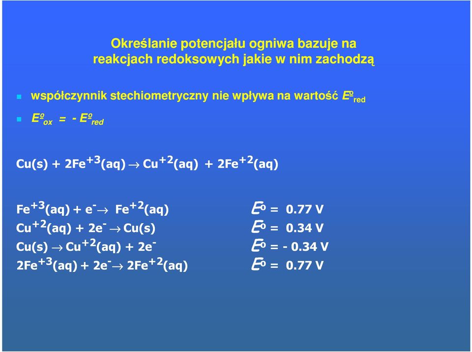 2Fe +3 (aq) Cu +2 (aq) + 2Fe +2 (aq) Fe (aq) + e - Fe (aq) Eº º = 0.