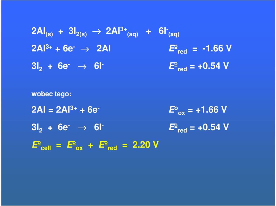 54 V wobec tego: 2Al = 2Al 3+ + 6e - E o ox = +1.