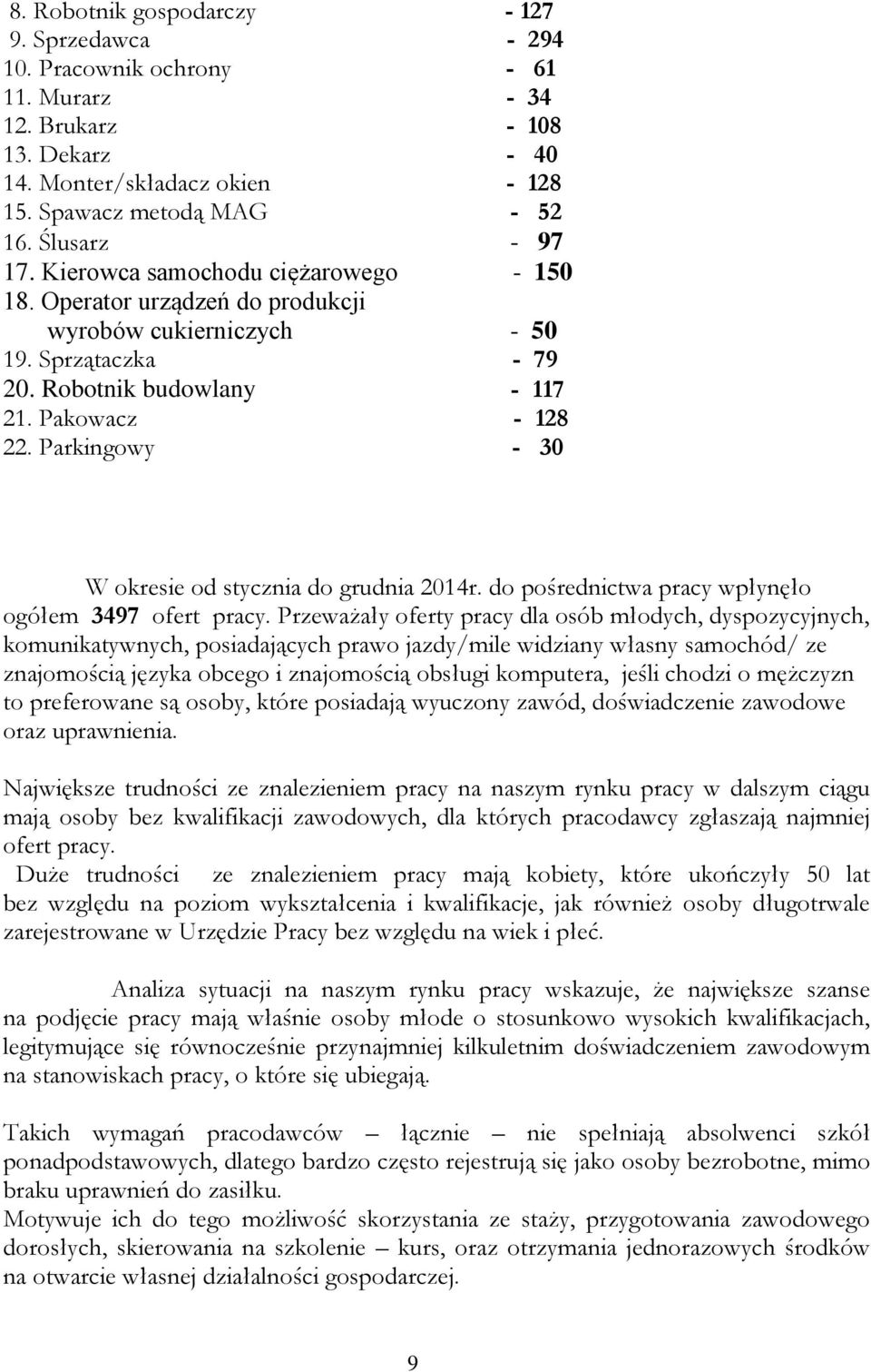 Parkingowy - 30 W okresie od stycznia do grudnia 2014r. do pośrednictwa pracy wpłynęło ogółem 3497 ofert pracy.