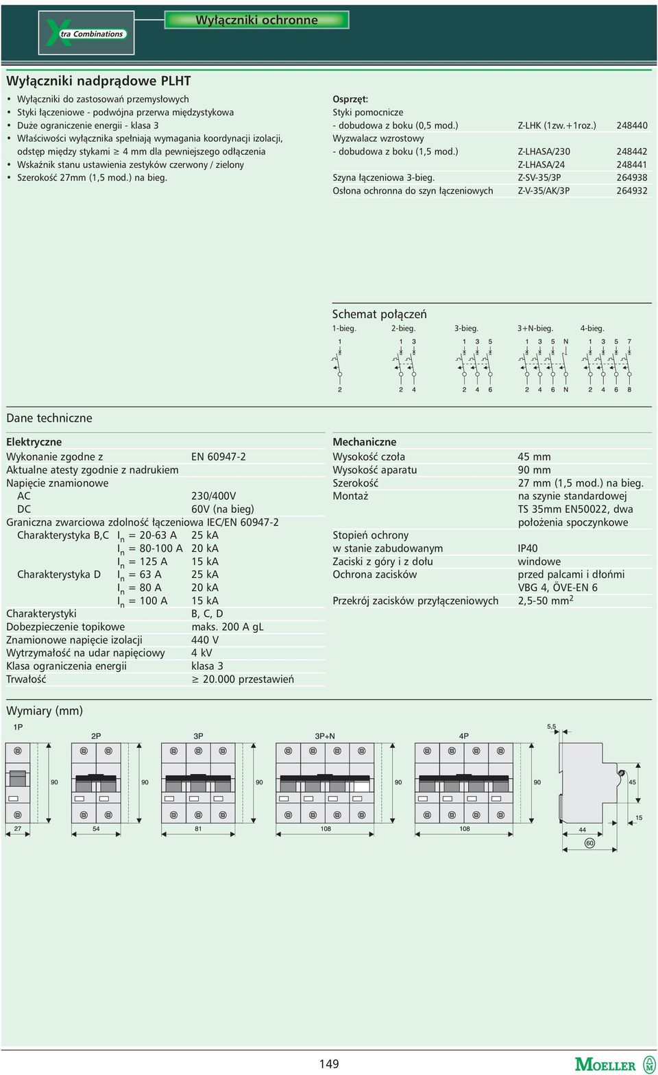 Osprzęt: Styki pomocnicze - dobudowa z boku (0,5 mod.) Z-LHK (1zw.+1roz.) 248440 Wyzwalacz wzrostowy - dobudowa z boku (1,5 mod.) Z-LHASA/230 248442 Z-LHASA/24 248441 Szyna łączeniowa 3-bieg.