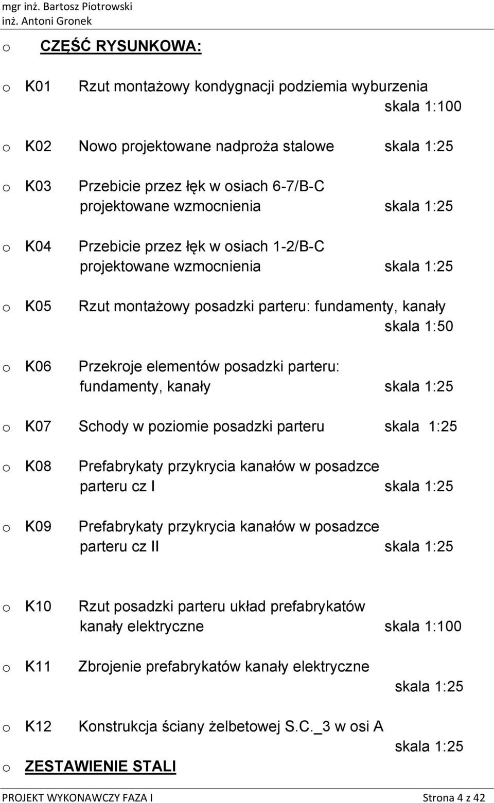 skala 1:25 K07 Schdy w pzimie psadzki parteru skala 1:25 K08 K09 Prefabrykaty przykrycia kanałów w psadzce parteru cz I skala 1:25 Prefabrykaty przykrycia kanałów w psadzce parteru cz II skala 1:25