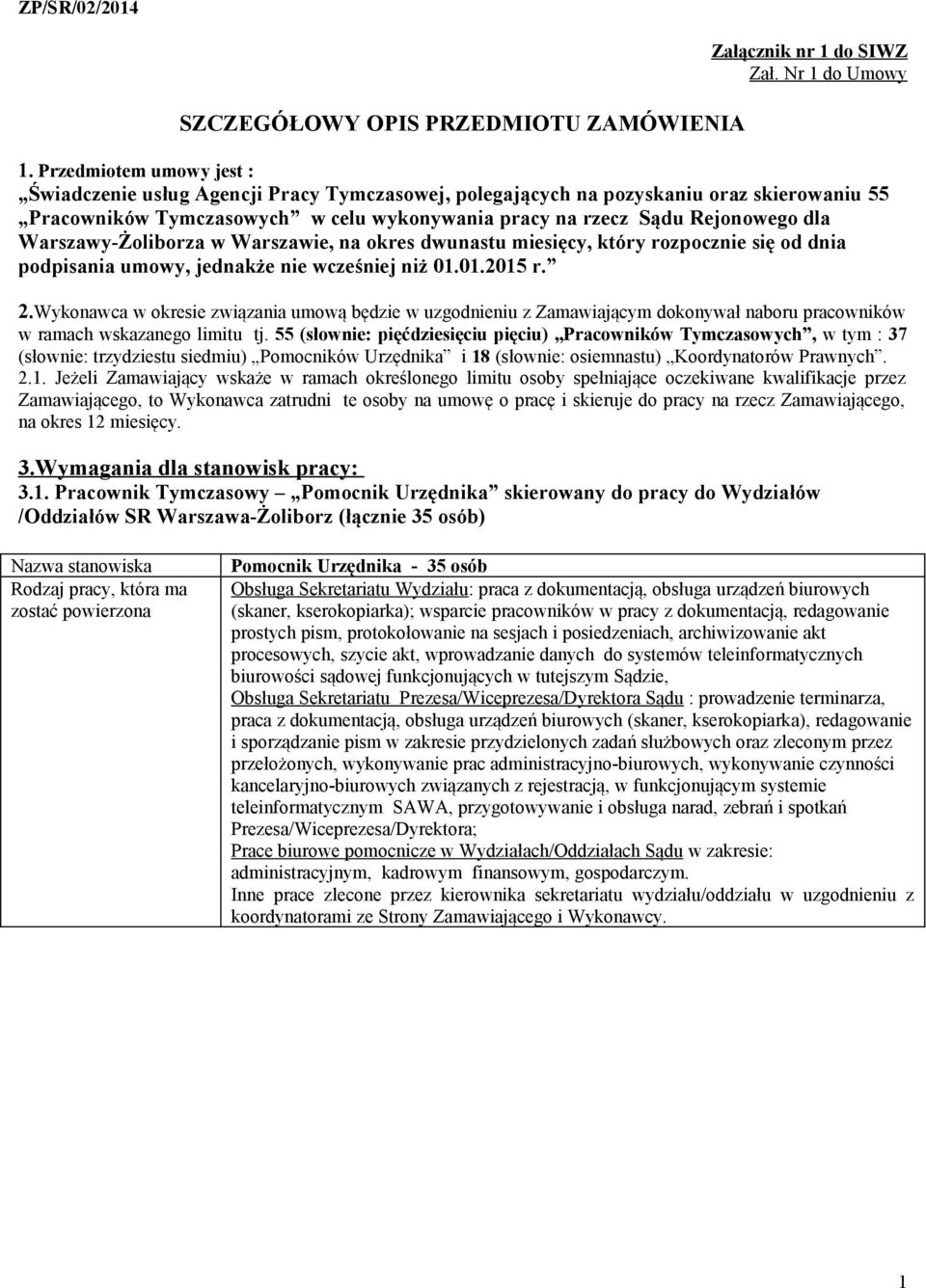 Warszawy-Żoliborza w Warszawie, na okres dwunastu miesięcy, który rozpocznie się od dnia podpisania umowy, jednakże nie wcześniej niż 01.01.2015 r. 2.