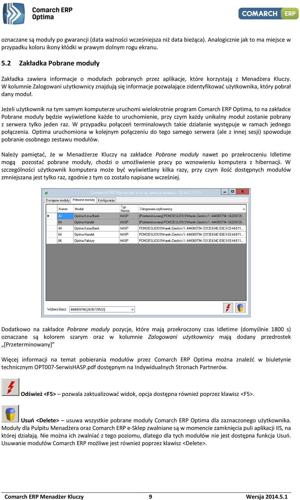 W kolumnie Zalogowani użytkownicy znajdują się informacje pozwalające zidentyfikować użytkownika, który pobrał dany moduł.
